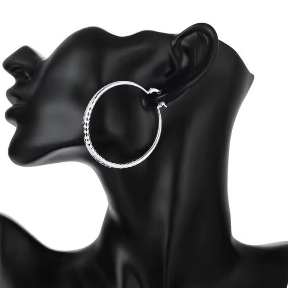 925 Sterling Silver Hoop Earrings 2.5in. Disco 90s Y2K Women's Valentine's Gift